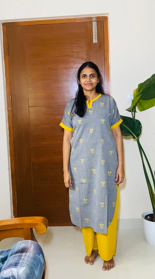 Handloom Kaftan Grey and Yellow Kurta Set