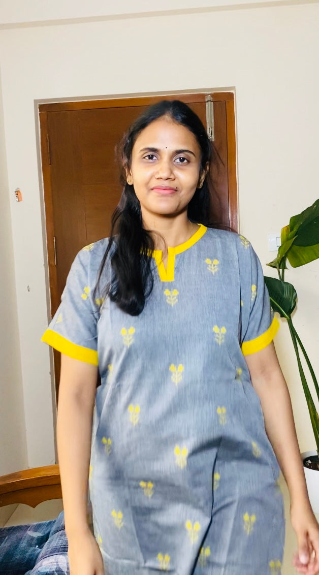 Handloom Kaftan Grey and Yellow Kurta Set